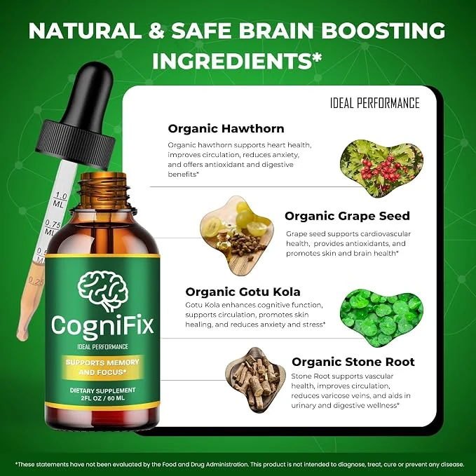 CogniFix ingredients — Organic Hawthorn, Organic Grape Seed, Organic Gotu Kola and Organic Stone Root